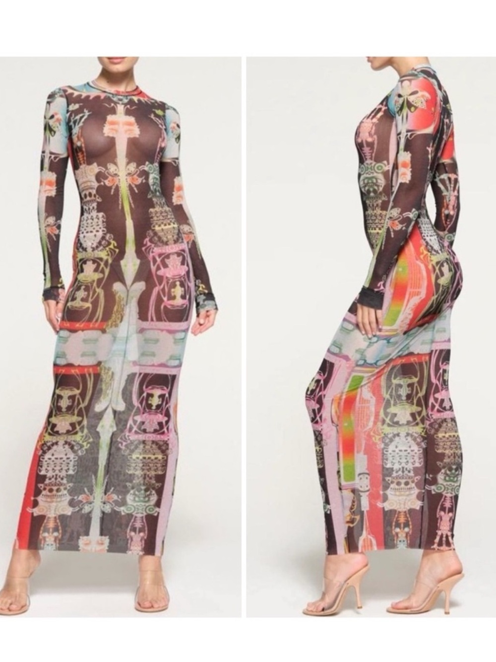 SKIMS Orchid Cabinet Mesh Sheer Long Sleeve Printed Maxi Dress - Multicolor